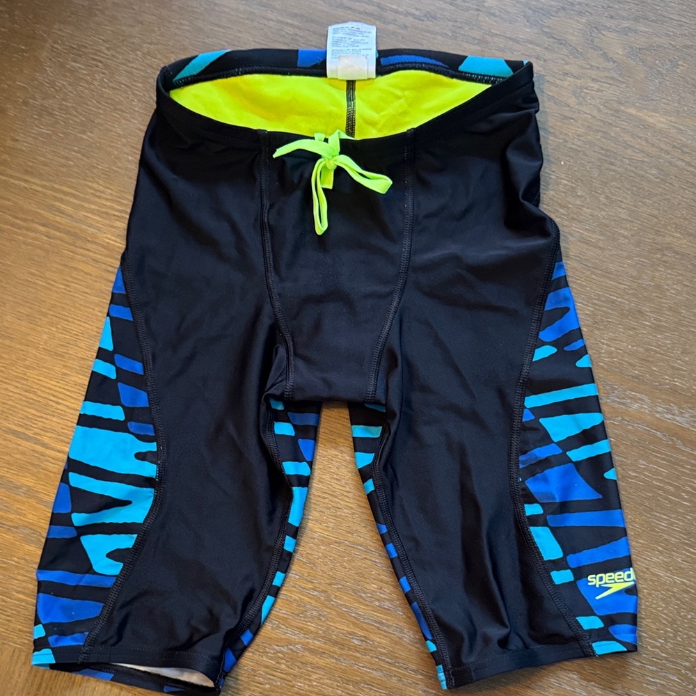 Speedo Black Swim Shorts with Blue Stripes - Picture 1 of 8